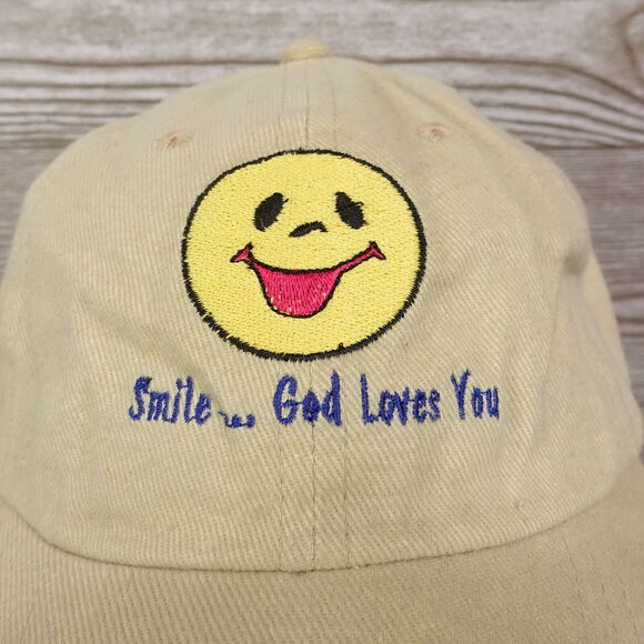 SMILE...GOD LOVES YOU BEIGE KHAKI ADJUSTABLE BASEBALL HAT CAP - Picture 2 of 8